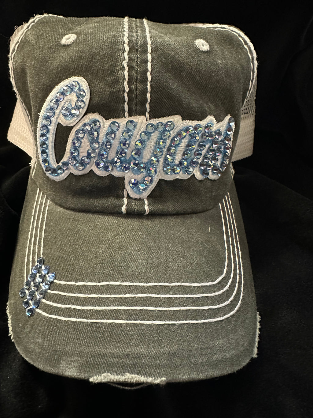 CUSTOM COUGARS CRYSTAL BLING ON EMBROIDERED LETTERING BASEBALL HATS - Lil Monkey Boutique