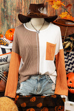 Long Sleeve Colorblock Pocket Textured Knit Top