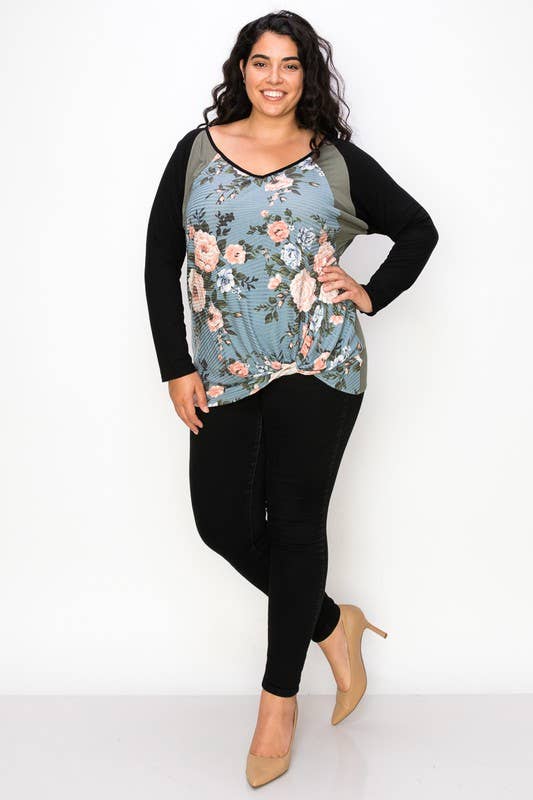 FLORAL PARTIALLY COLOR BLOCK TOP