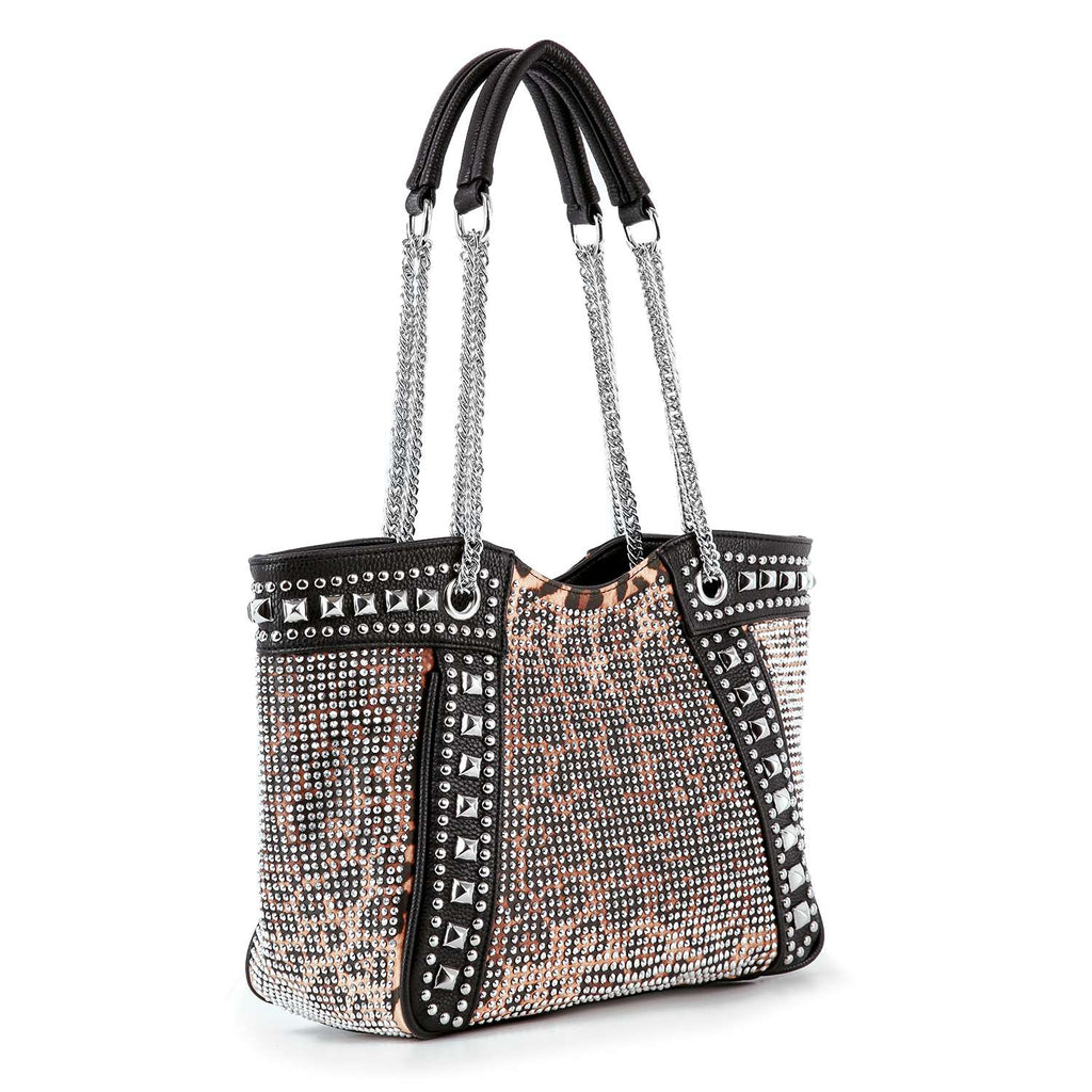 Chain and Rhinestone Studded Leopard Print Handbag - Lil Monkey Boutique