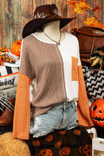 Long Sleeve Colorblock Pocket Textured Knit Top