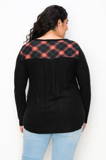 PLUS SIZE PLAID BACK DETAIL V NECK TOP