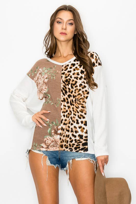 FLOWER AND ANIMAL COLOR BLOCK LONG SLEEVE TOP