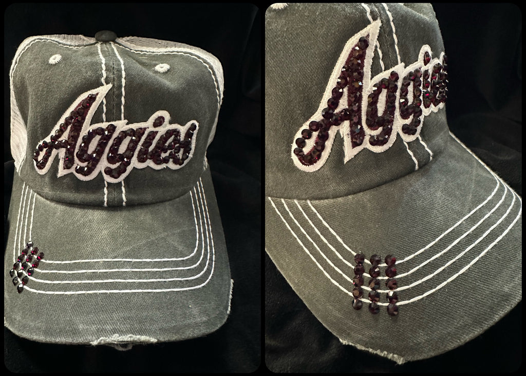 CUSTOM AGGIES CRYSTAL BLING ON EMBROIDERED LETTERING BASEBALL HATS - Lil Monkey Boutique