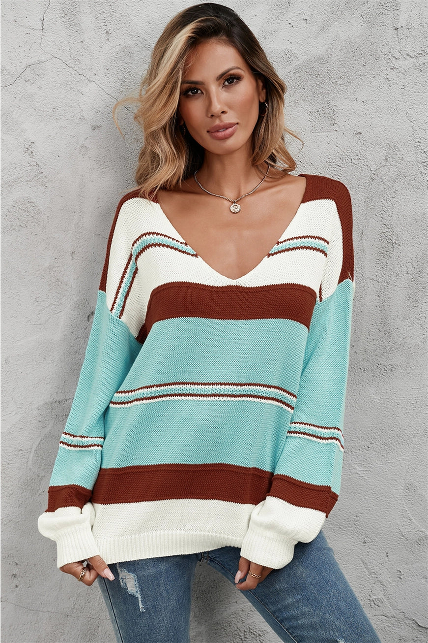 Sky Blue Striped Pattern Knit V Neck Sweater - Lil Monkey Boutique
