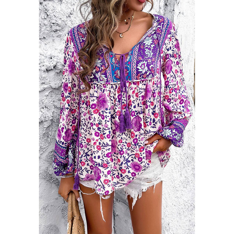 All Over Floral Print Cross Deep V Boho Top