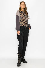 ANIMAL PRINTED COLOR BLOCK ON LONG SLEEVE TOP