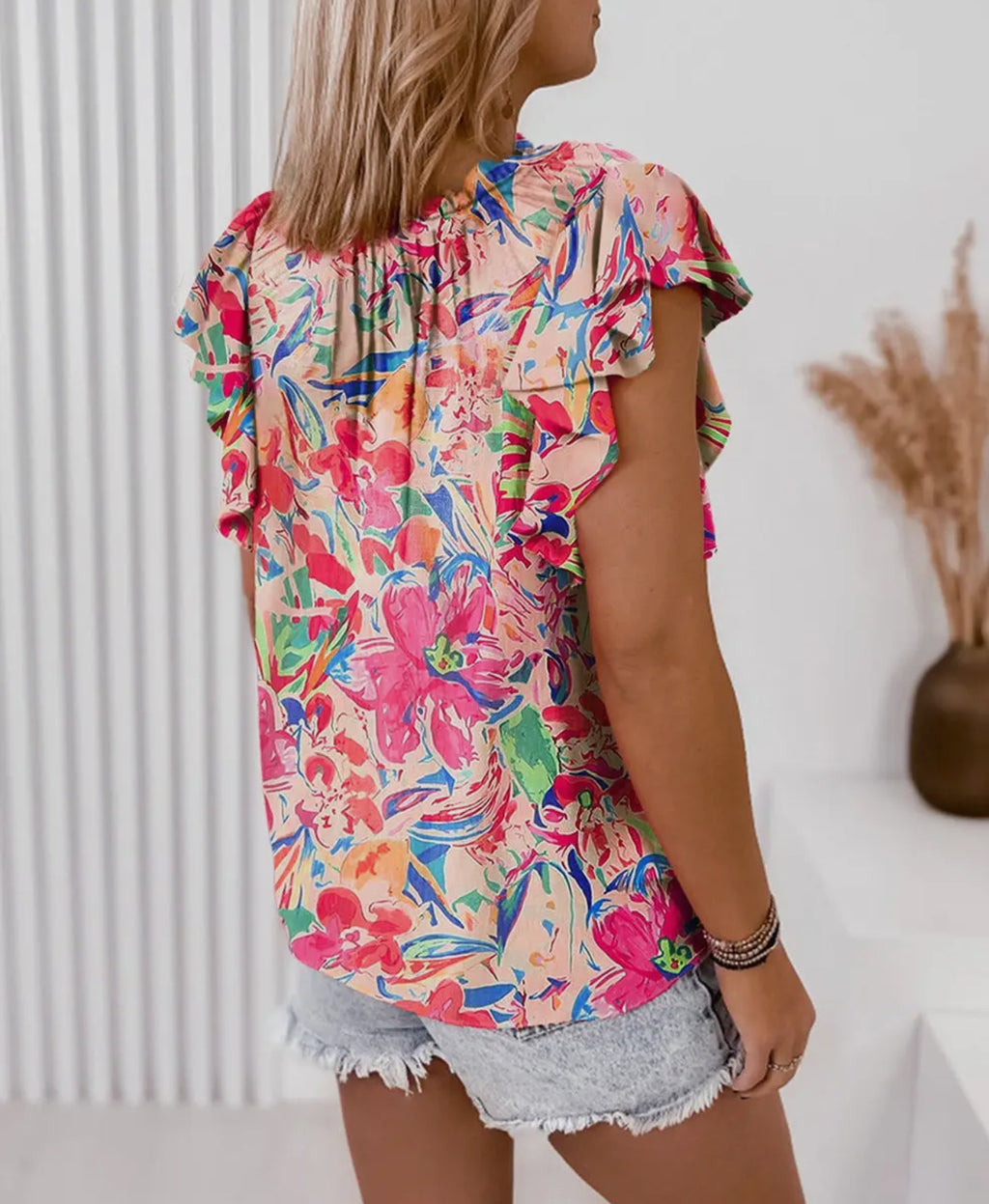 Multi Color Floral Ruffle Sleeve V-Neck Blouse