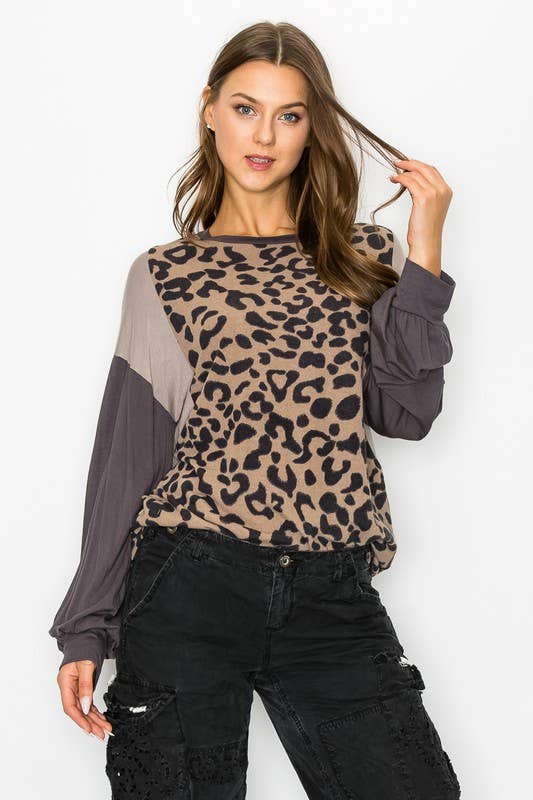 ANIMAL PRINTED COLOR BLOCK ON LONG SLEEVE TOP