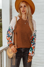 Floral Patchwork Long Sleeve Ribbed Blouse