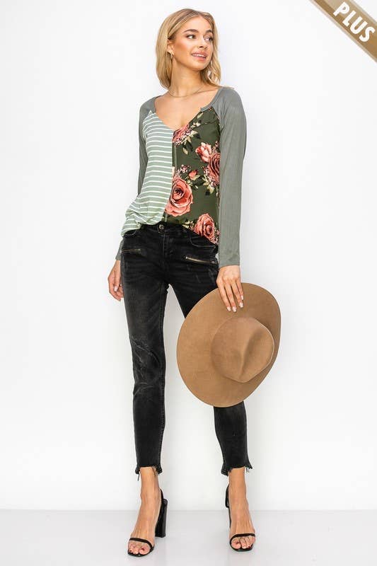 SOFT STRIPE AND FLORAL COLOR BLOCK TOP