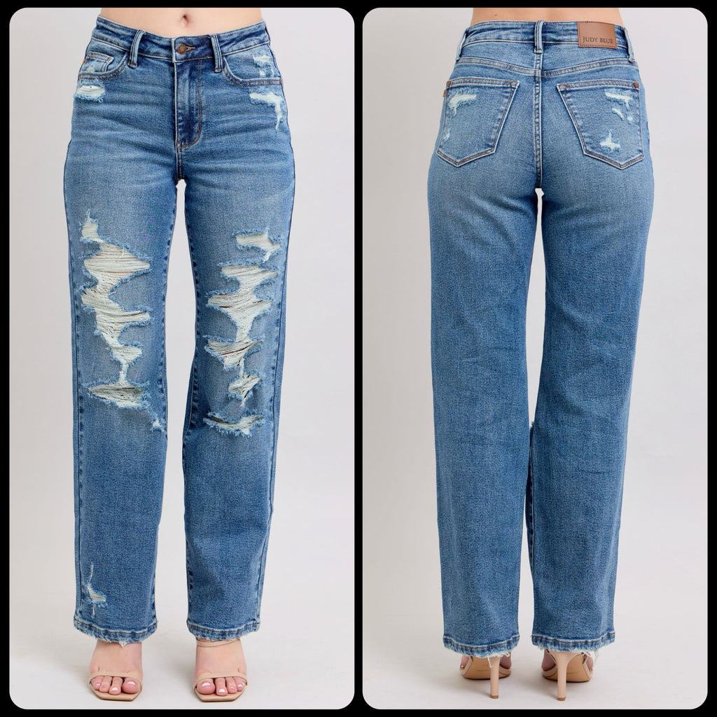 Judy Blue High Waist Heavy Destroy Straight Jeans - Lil Monkey Boutique
