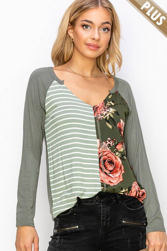 SOFT STRIPE AND FLORAL COLOR BLOCK TOP