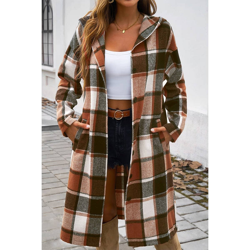 Button Hood Plaid Flannel Trench Coat