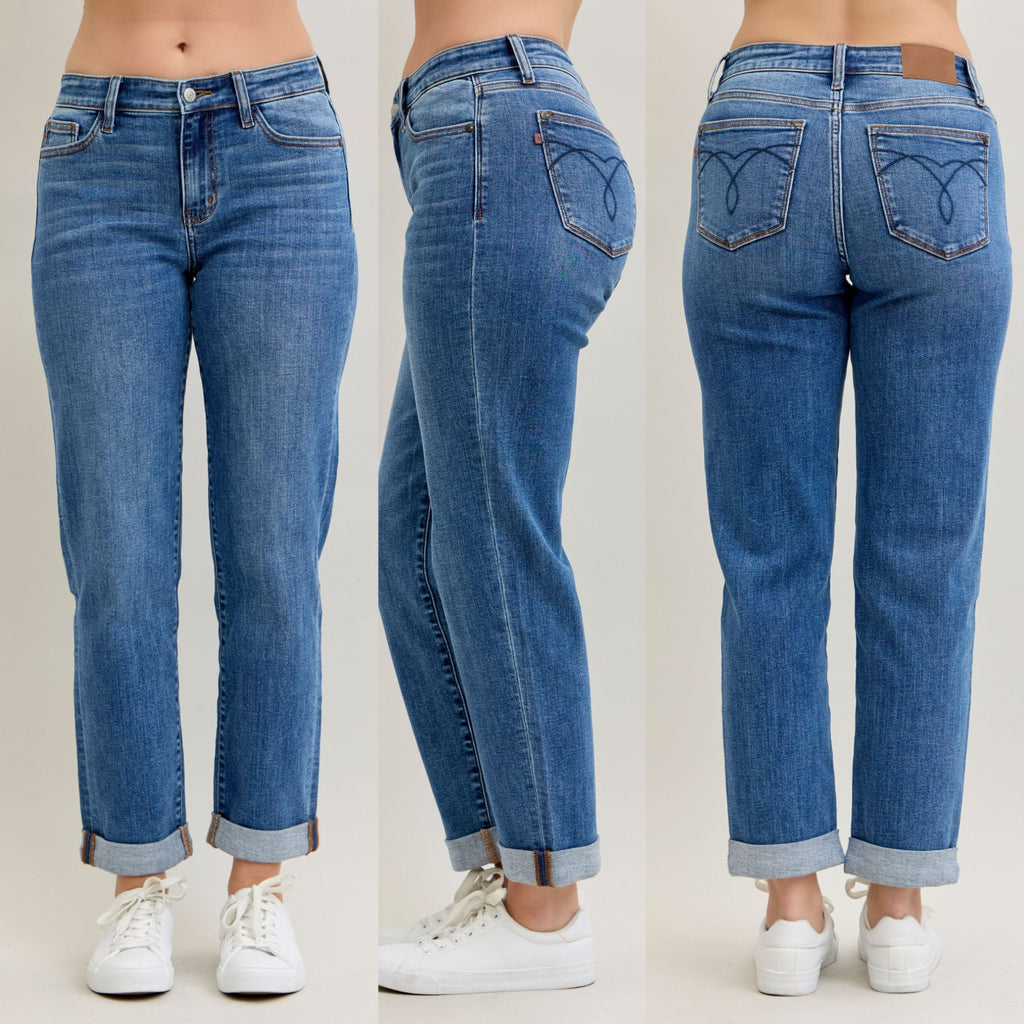 Judy Blue Mid Rise Boyfriend Classic Cuffed Jeans - Lil Monkey Boutique