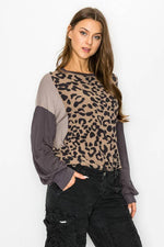 ANIMAL PRINTED COLOR BLOCK ON LONG SLEEVE TOP