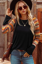 Western Fall Geo Raglan Patchwork Long Sleeve Tee