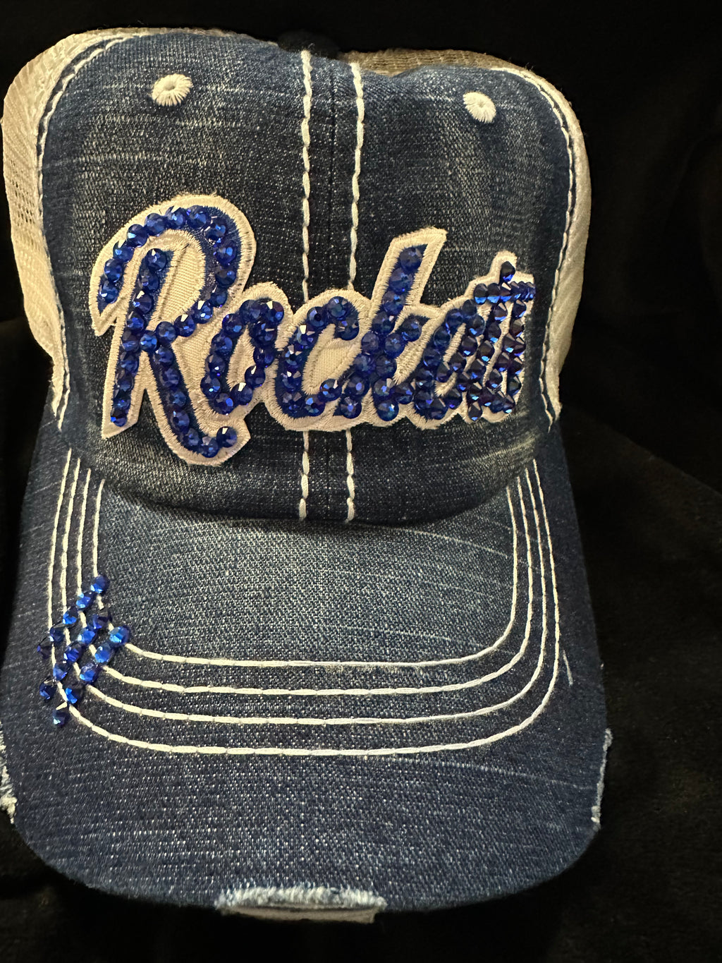CUSTOM ROCKETS CRYSTAL BLING ON EMBROIDERED LETTERING BASEBALL HATS - Lil Monkey Boutique