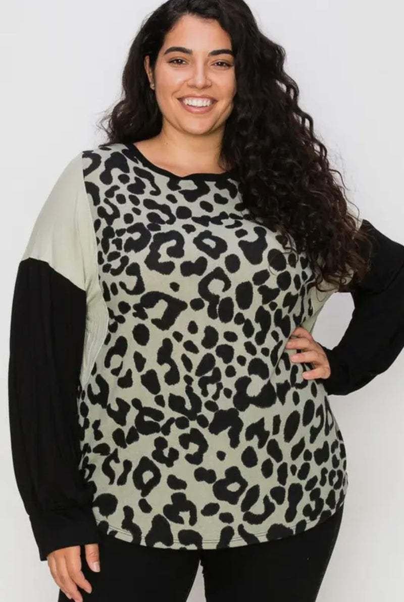 ANIMAL PRINTED COLOR BLOCK ON LONG SLEEVE TOP