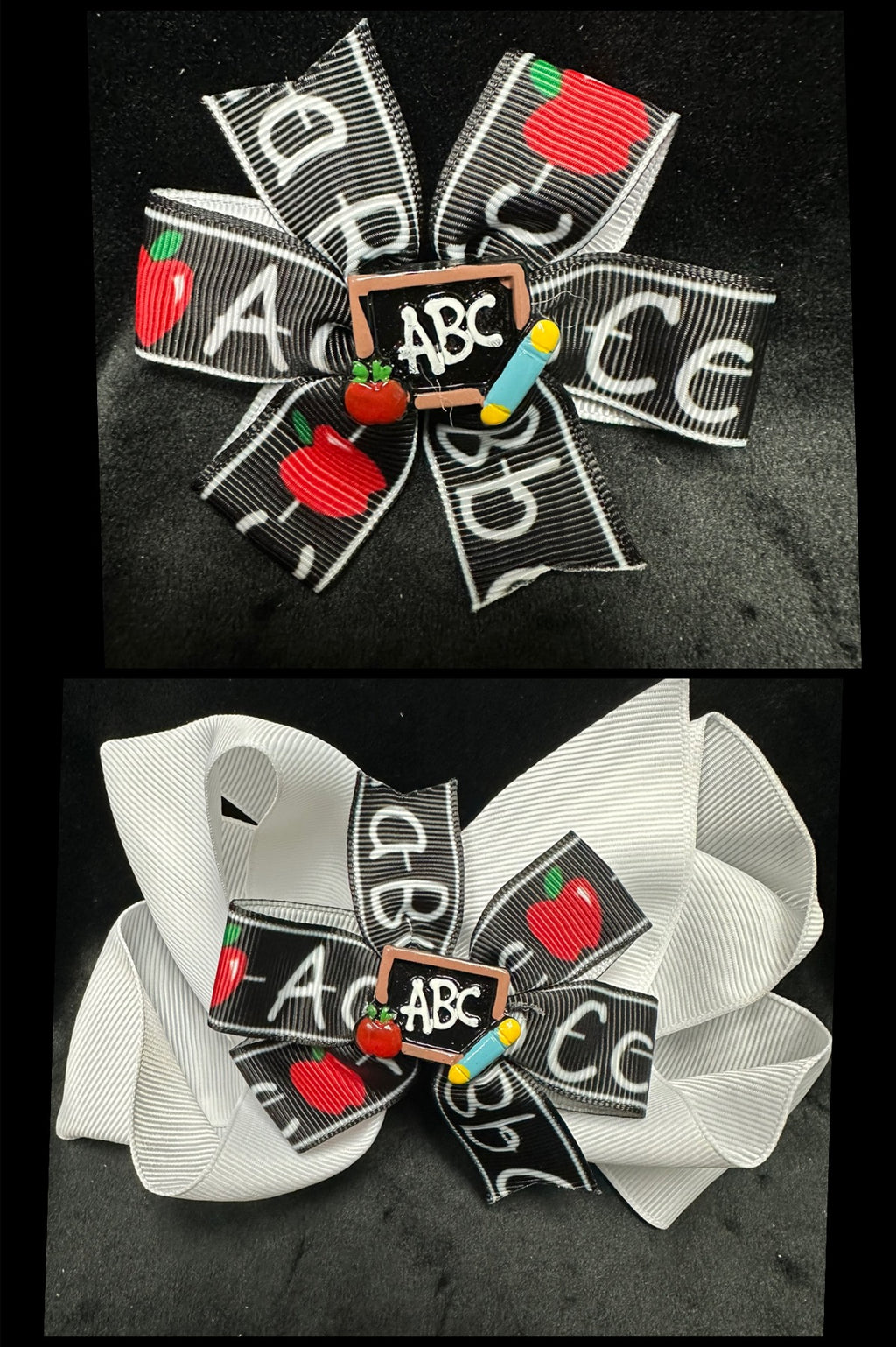 ABC CENTER MULTI COLOR APPLE ABC PRINT BOW ROUGHLY 3" (Great to pair with a bigger, see picture)