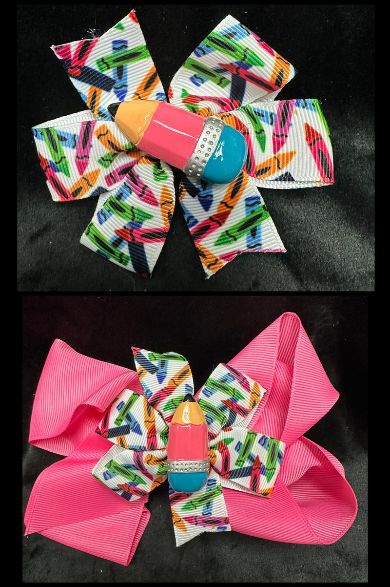 PENCIL CENTER MULTI COLOR CRAYONS PRINT BOW ROUGHLY 3" (Great to pair with a bigger, see picture)