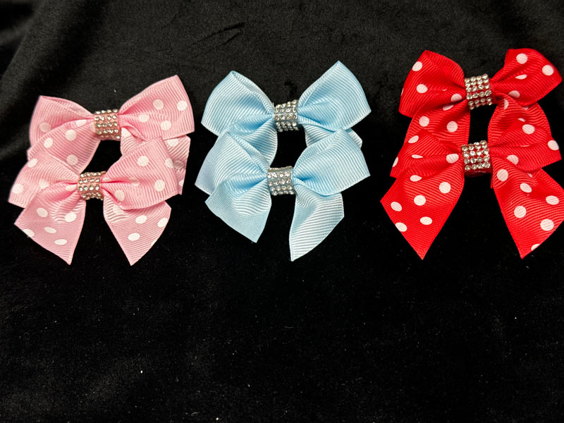 3 SETS OF SMALL POLKA DOT & SOLID COLOR BOWS WITH TAILS & RHINESTONE CENTER