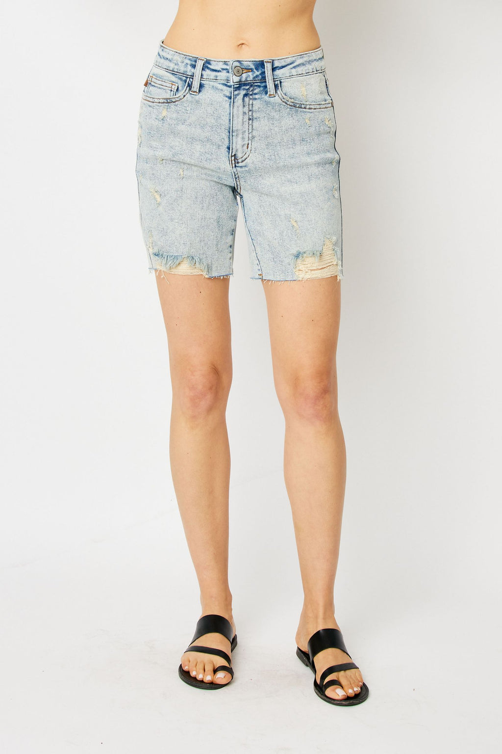 JUDY BLUE HIGH WAIST MINERAL WASH DESTROYED BOYFRIEND SHORTS - Lil Monkey Boutique