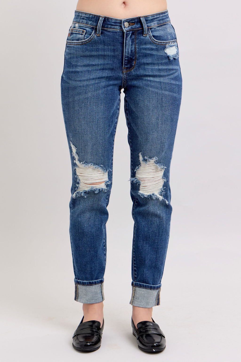 Judy Blue Mid Rise Boyfriend Fit w/Destroy, Yoke PK, & Faux Selvedge Cuff