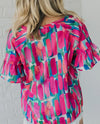 Multi Color Abstract V Neck Buttoned Blouse