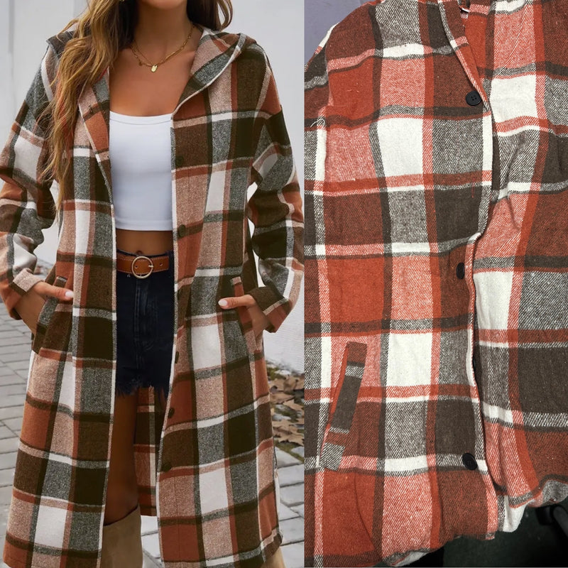 Button Hood Plaid Flannel Trench Coat