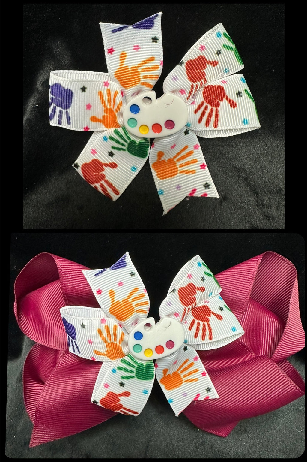 PAINT PALETTE CENTER MULTI COLOR HANDPRINTS PRINT BOW ROUGHLY 3" (Great to pair with a bigger, see picture)