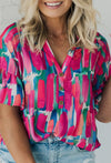 Multi Color Abstract V Neck Buttoned Blouse