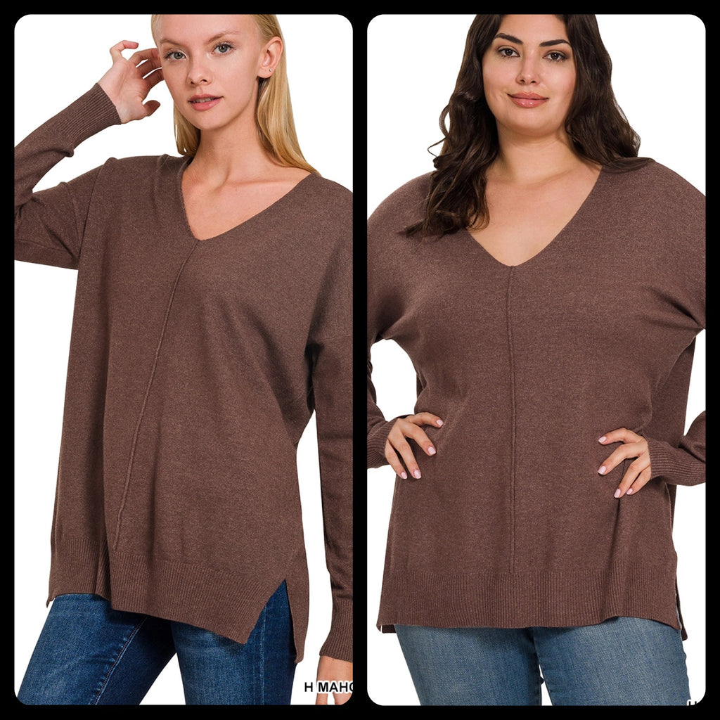 Solid Color Front Seam V Neck Sweater - Lil Monkey Boutique