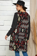 LONG SLEEVE AZTEC PRINT AND SOLID CONTRAST OPEN CARDIGAN WITH SIDE POCKET DETAIL - Lil Monkey Boutique
