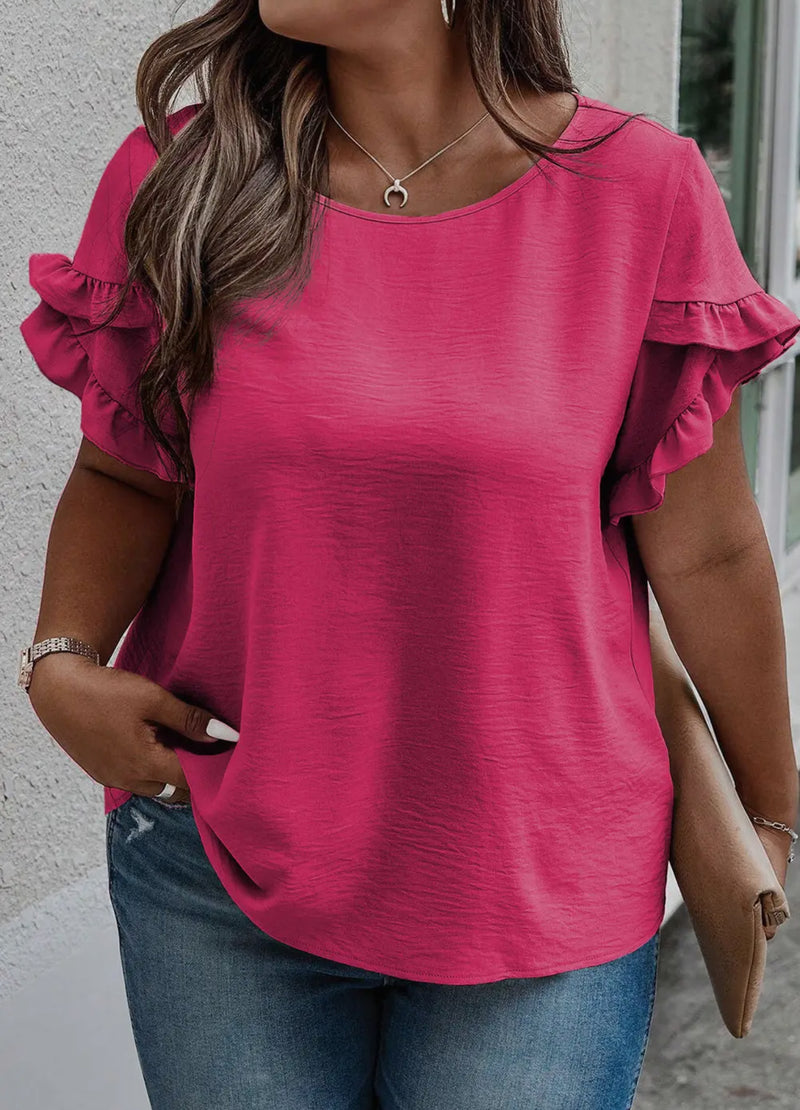 Solid Color Pink Ruffle Short Sleeve Blouse