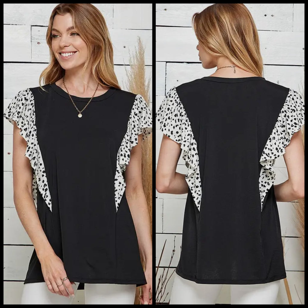 Solid Knit Top With Dalmatian Flutter Sleeve - Lil Monkey Boutique