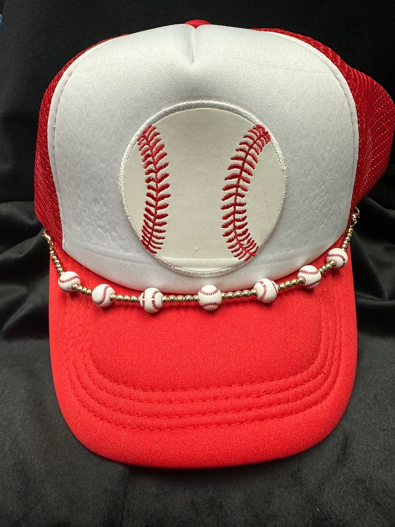 TRUCKER HAT WITH BASEBALL EMBELISHMENTS