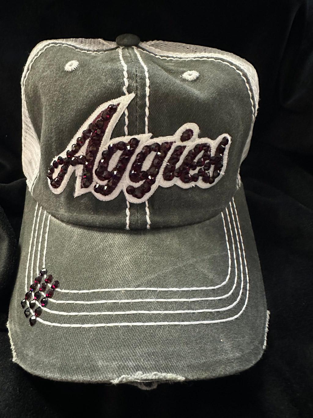 CUSTOM AGGIES CRYSTAL BLING ON EMBROIDERED LETTERING BASEBALL HATS - Lil Monkey Boutique
