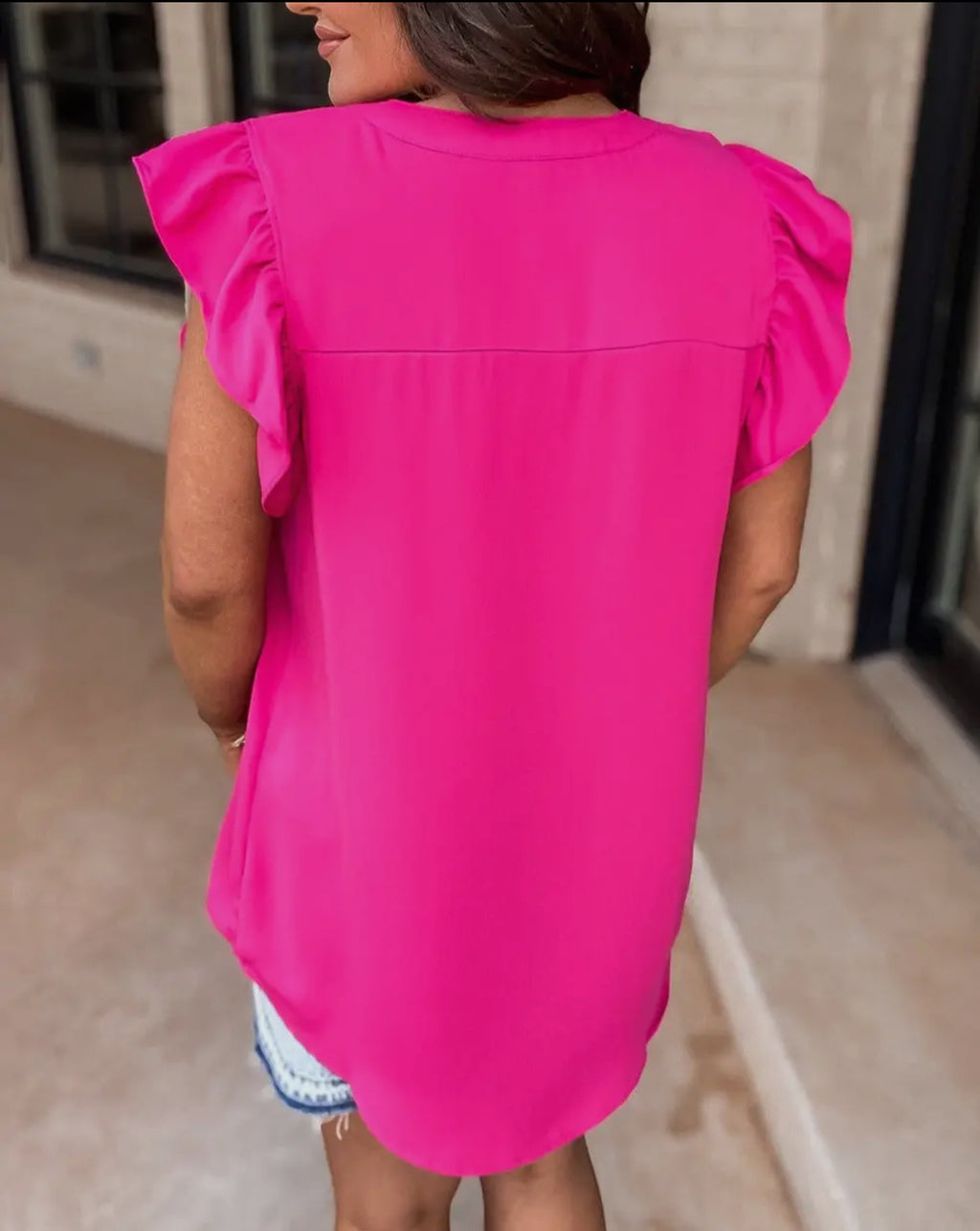 Solid Color Pink Notched Neck Ruffle Sleeve Blouse