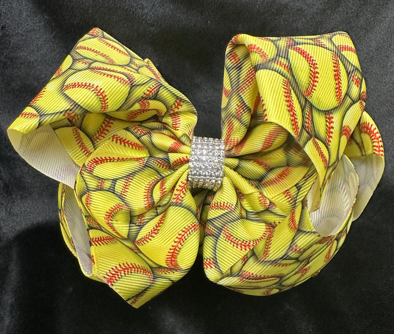 SOFTBALL PRINT BOWS WITH RHINESTONE CENTER (roughly 8”)