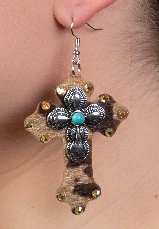 Faux Animal Hide Cross Earrings with Rhinestones, & Silver Turquoise Concho - Lil Monkey Boutique