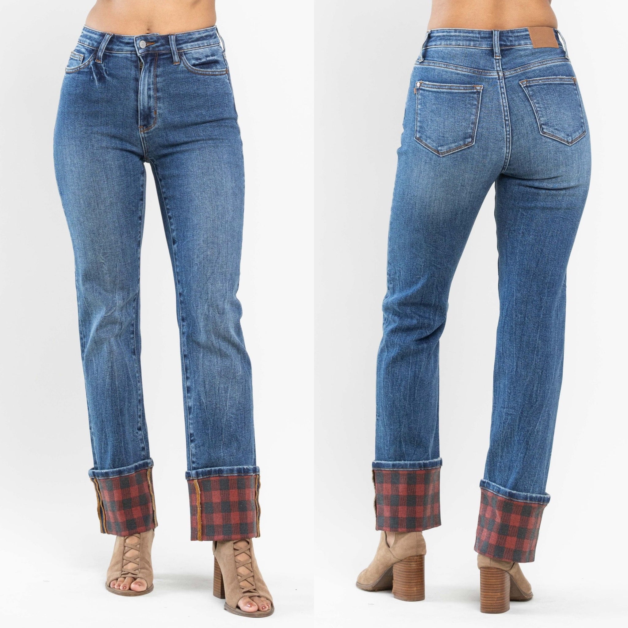 Judy Blue High Waist Plaid Print Cuff Straight (Long Option) Jeans