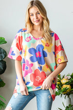 FLORAL PRINT OVERSIZED TOP WITH A V-NECKLINE AND SLITS - Lil Monkey Boutique