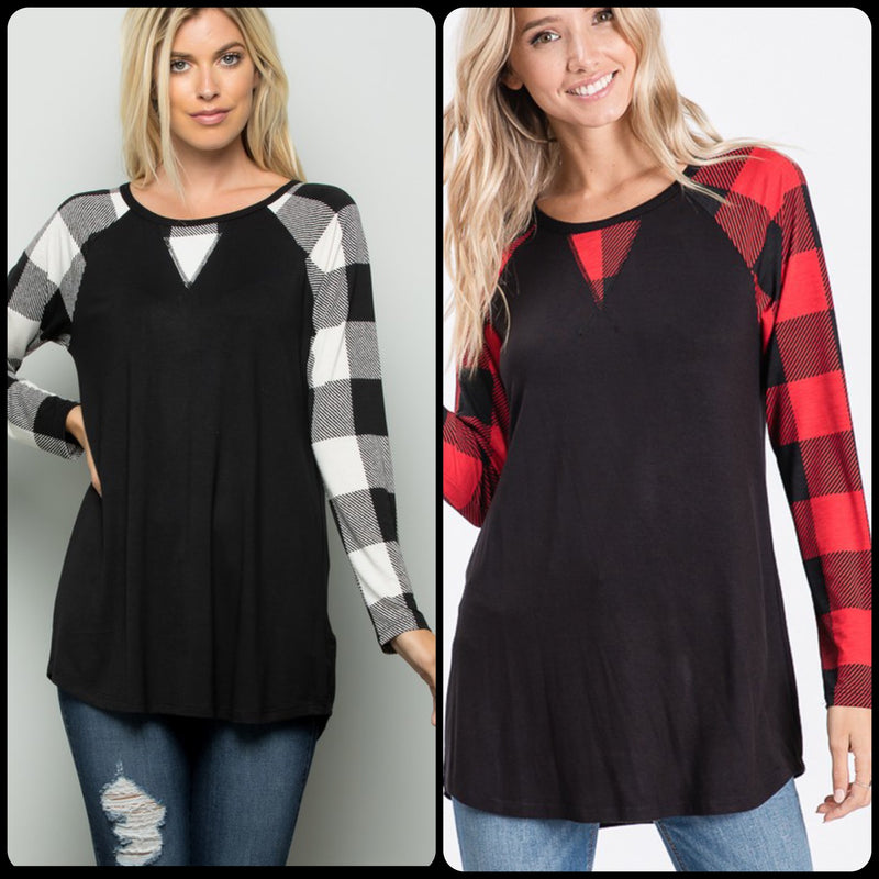 LONG SLEEVE ROUND NECK SOLID AND PLAID PRINT CONTRAST TOP WITH STITCH DETAIL - Lil Monkey Boutique