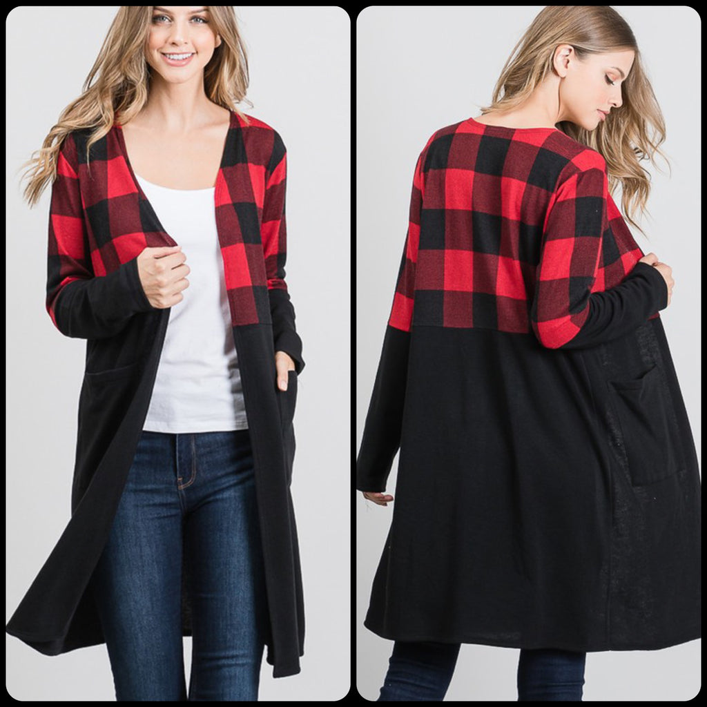 LONG SLEEVE PLAID PRINT AND SOLID CONTRAST OPEN CARDIGAN WITH SIDE POCKET DETAIL - Lil Monkey Boutique
