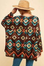 OVERSIZED AZTEC PRINT REVERSE SEAM PONCHO STYLE HIGH LOW TUNIC - Lil Monkey Boutique