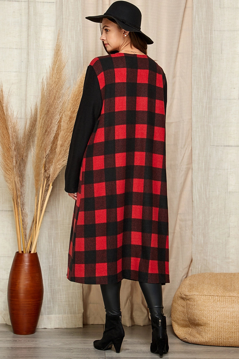 LONG SLEEVE BUFFALO PLAID PRINT OPEN CARDIGAN WITH SIDE POCKET DETAIL - Lil Monkey Boutique