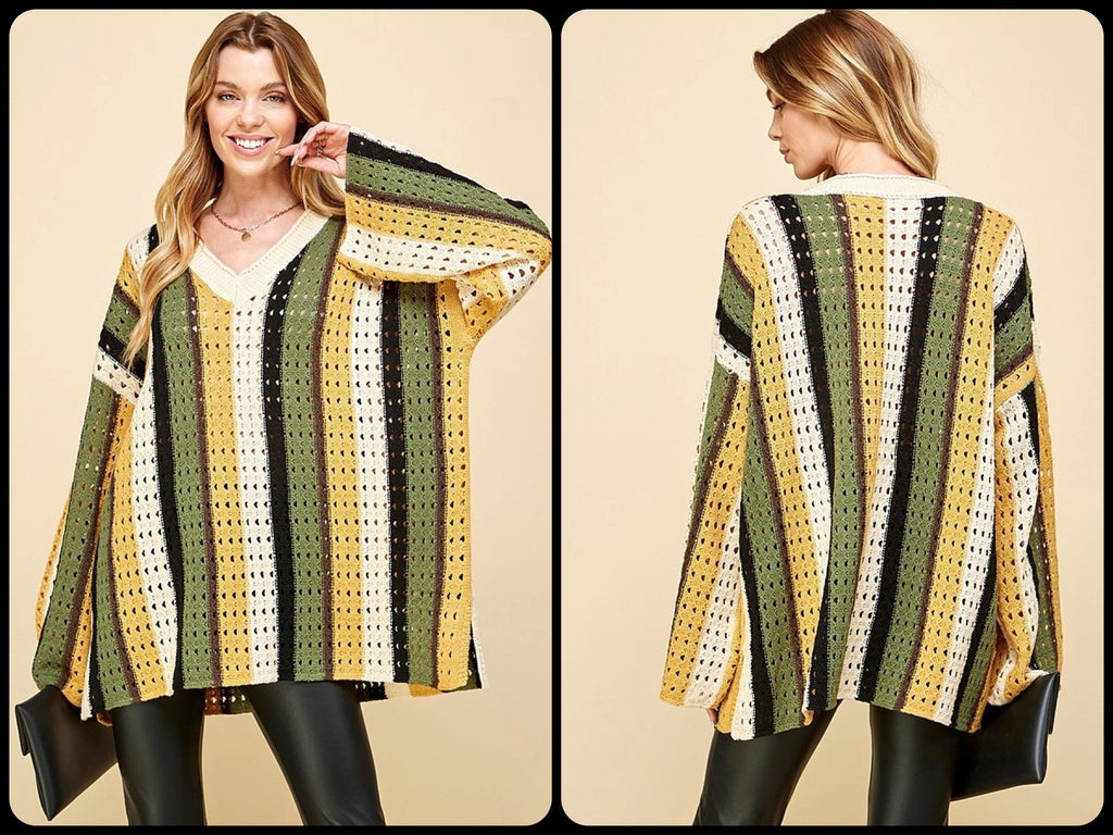 Oversized Multi Color Striped Knit V Neck Sweater - Lil Monkey Boutique