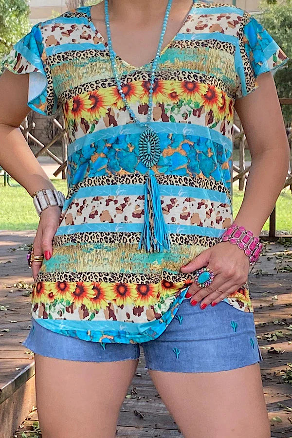 TURQUOISE SUNFLOWER AND LEOPARD PRINTED SHORT SLEEVE V NECK BLOUSE - Lil Monkey Boutique