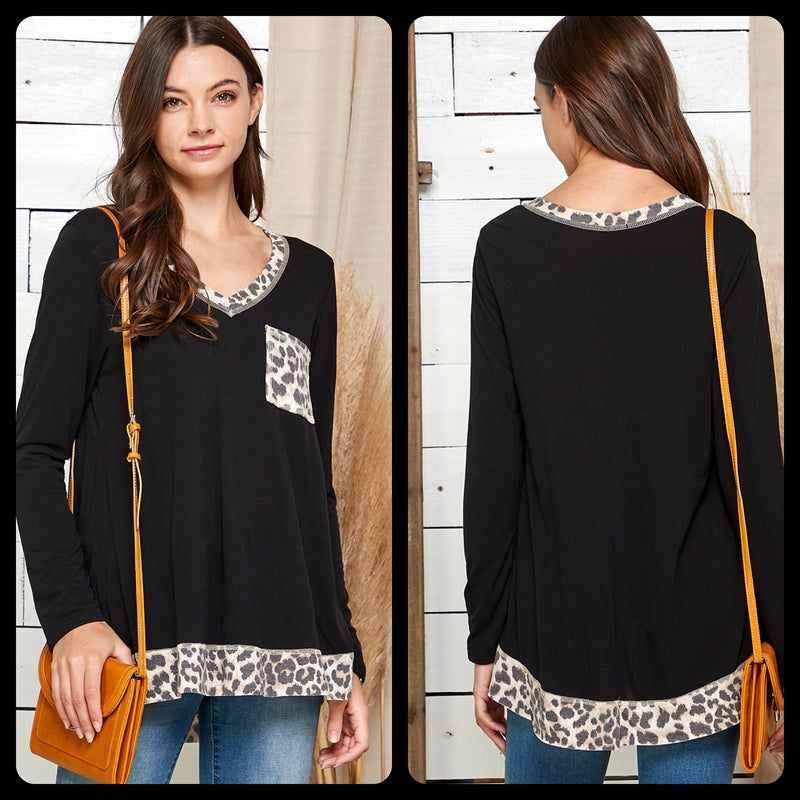 SOLID COLOR V NECK BLOUSE WITH LEOPARD PRINT ACCENTS - Lil Monkey Boutique